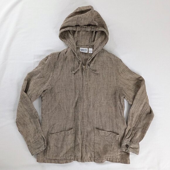 VTG Chico's Brown Linen Zip Up Hooded Mini Checkered Squares Jacket Front Pocket - Picture 1 of 5
